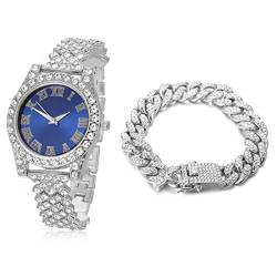 Halukakah Diamanten Gold Uhr,Damen Platinplattiert Weißgold 36MM Breite Blau Zifferblatt Quarz Armband 20cm mit Kubanischer Kette 18cm Bracelet,Kostenlose Geschenkbox von Halukakah