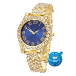 Halukakah Diamanten Gold Uhr,Kinder 18K Echtes Gold Plattiert 36MM Breite Blau Zifferblatt Quarz Armband 20cm,Kostenlose Geschenkbox von Halukakah