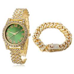 Halukakah Diamanten Gold Uhr,Kinder 18K Echtes Gold Plattiert 36MM Breite Grün Zifferblatt Quarz Armband 20cm mit Kubanischer Kette 18cm Bracelet,Kostenlose Geschenkbox von Halukakah