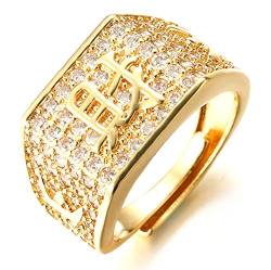 Halukakah ● Gold Segne Alle ● Herren 18k Echtes Gold überzogen Kanji Ring REICHTUM Set Größe Einstellbar mit KOSTENLOSER Geschenkpackung von Halukakah