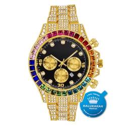 Halukakah Gold Uhr Diamanten Mehrfarbig,Herren 18K Echtes Gold Plattiert 40MM Breite Schwarz Zifferblatt Quarz Armband 21cm,Kostenlose Geschenkbox von Halukakah