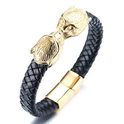 Halukakah Goldarmband für Herren,24k Vergoldet Solide Titan Stahl Doppelt Leopardenkopf Wildtier Wikinger Handgefertigtes Lederarmband Magnetverschluss 21,5cm,KOSTENLOSE Geschenkbox von Halukakah