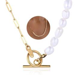 Halukakah Halb Perle Halb Kette Halskette für Damen - TIDE - 14k Gold Gefüllte Paperclip-Kette 45cm, Barocke Natürliche Süßwasserperlen in Weiße, Luxuriöser Schliff-Schmuck, Geschenk für Sie von Halukakah