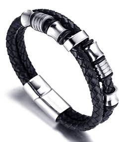 Halukakah Herren Echtes Lederarmband mit Titanperlen Gold/Silber/Schwarz Magnetverschluss Größe Einstellbar 21.5-23cm mit Gratis Geschenkbox (Silber 21,5cm) von Halukakah