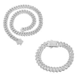 Halukakah Platin Plattiert Kubanischer Diamant Gliederarmband Halsketten-Schmuck Set Für Männer,Über 1500 Labor Diamanten Handset,Breite 12mm Länge 20cm,45cm Mit Geschenkbox von Halukakah