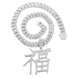 Halukakah Platinplattiertes Anhänger-Halsketten für Männer - Über 1000 Diamanten - Kubanische Gliederkette - Geclusterte Diamanten KANJI GLÜCK Anhänger - Hip-Hop-Stil - Komplett mit Geschenkbox von Halukakah