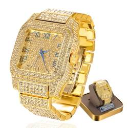 Halukakah Premium-Diamant Gold Uhr für Männer - 18k Echtgold Plattiert,Römische Ziffern,Quadratisches Zifferblatt,200g Schwer,3 Seiten Iced Out,24cm Armband - Geschenkbox Inklusive von Halukakah