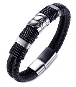 Halukakah ● Vulkan ● Herren-Armband Handgefertigt | Echtleder Schwarz | Magnetverschluss Edelstahl Silber | mit Titan Perlen in Silber | KOSTENLOS Geschenkbox | Tolle Geschenkidee | 21.5cm von Halukakah