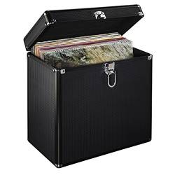 Hama LP-Koffer im Alu-Look (zur Aufbewahrung von 50 Schallplatten, abschließbar) Vinyl Aufbewahrungsbox, Plattenkoffer schwarz von Hama