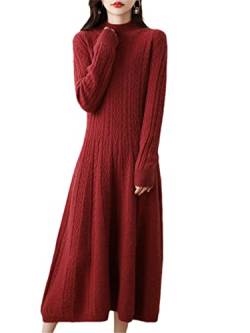 Hamthuit Damen Kleider Kaschmir Pullover Strick Langes Kleid Wolle Damen Rollkragen Büro Rock Herbst Winter, rot, L von Hamthuit