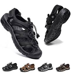 Herren Wandern Sandalen Sport Outdoor Leder Trekkingsandalen Wanderschuhe Verstellbaren Geschlossene Zehe Outdoorschuhe Sommer Männer Strand Freizeitschuhe Wasser Fischer Atmungsaktive Schwarz EU41 von Hanani