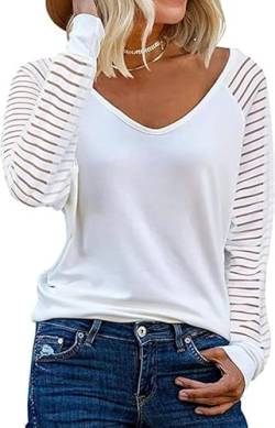 Hanaoops Damen Langarm Oberteil Ladies Comfy Gestreiftes Weiches Tunika T Shirt Solide Farbe Elegant V Ausschnitt Essentials Blusen Top White M von Hanaoops