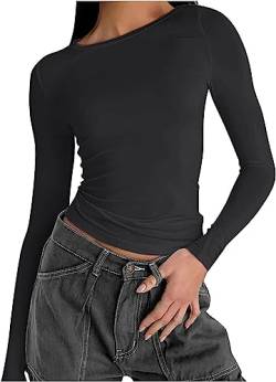 Hanaoops Damen Langarm T-Shirt Rundhals Y2K Sexy Crop Top Basic lässig einfarbige Bluse Lose Herbst Sweatshirt Tops Herbst-Ästhetik Streetwear Black m von Hanaoops