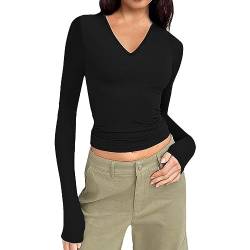 Hanaoops Damen Langarmshirts V Ausschnitt Oberteil Elegant Basic Casual Bluse Y2k Fashion Slim Vielseitig Shirt für Frauen Schwarz M von Hanaoops