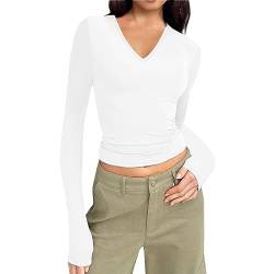 Hanaoops Damen Langarmshirts V Ausschnitt Oberteil Elegant Basic Casual Bluse Y2k Fashion Slim Vielseitig Shirt für Frauen Weiß M von Hanaoops