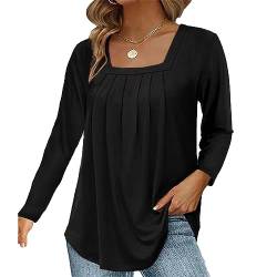 Hanaoops Damen Langarmshirts mit quadratischem Ausschnitt Elegantes Plissiertes Hemd Einfarbige lässige Oberteile Schwarz M von Hanaoops