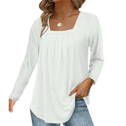 Hanaoops Damen Langarmshirts mit quadratischem Ausschnitt Elegantes Plissiertes Hemd Einfarbige lässige Oberteile Weiß L von Hanaoops