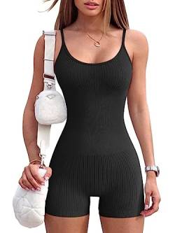 Hanaoops Jumpsuit Damen Kurz Eng Ärmellose Yoga Bodysuit Sommer Stretch One Piece Bodycon Tank Top Sportanzug Einteiler Ganzkörperanzug Trainingsanzug von Hanaoops