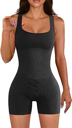 Hanaoops Jumpsuit Damen Kurz Eng Yoga Sommer One Piece Bodysuit Ärmellos Stretch Bodycon Tank Top Romper Hosenanzug Kurz Rückenfrei für Casual Fitness von Hanaoops