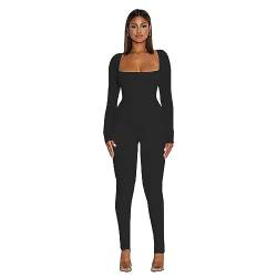 Hanaoops Jumpsuit Damen Lang Eng Sport Yoga Bodysuit Sexy Stretch Quadratische Langarm Playsuits Overall One Piece Figurbetontem Kuscheliger Bodycon BLACK/L von Hanaoops