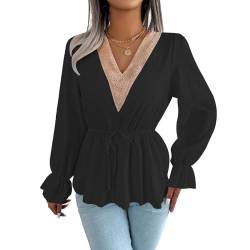 Hanaoops Langarmshirt Damen V Ausschnitt Langarm Spitzen Top Elegant Rüschen Langarmshirt Slim Fit Bluse Casual Langarm Oberteile Schwarz/L von Hanaoops