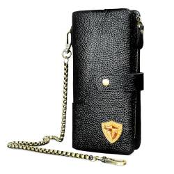 Handadsume Echtleder Crazy Horse Leder Reisen Geschenk Münztasche Kartenetui Lang Organizer Brieftasche Kette RFID Geldbörse mit Snap für Männer männlich 1803 (1803 Schwarz) von Handadsume