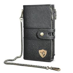 Handadsume Echtleder Crazy Horse Leder Reisen Geschenk Münztasche Kartenetui Lang Organizer Brieftasche Kette RFID Geldbörse mit Snap für Männer männlich 1803 (1815 Schwarz) von Handadsume