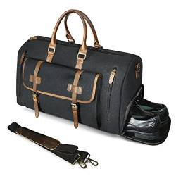 Wasserabweisend Canvas Crazy Horse Leder Reisetasche 35L Trim Unisex Handgepäck Weekender Tasche Sporttasche für Reise Wochenende Urlaub FB8151 (X-8152-Schwarz) von Handadsume