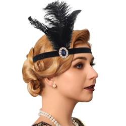 Handcess 1920er Jahre Feder Flapper Stirnband Schwarz Feder Kristall Stirnband Damen Vintage Flapper Kopfbedeckung 20er Jahre Thema Cocktail Haarschmuck für Kostüm Abschlussball Karneval Mottoparty von Handcess