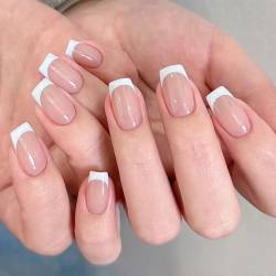 Handcess 24pcs Französisch False Nails White Nude Short Square Drücken Sie auf Nail Fake Nails Full Cover Nails Kunst für Frauen von Handcess