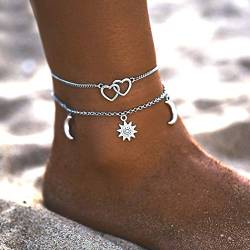 Handcess Boho Doppel Herz Fußkettchen Silber Sonne Knöchel Armbänder Mond Layered Fußkette für Frauen und Mädchen von Handcess