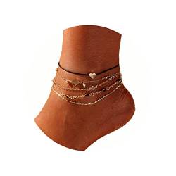 Handcess Boho-Fußkettchen, mehrlagig, Gold, Herz, Fußkettchen, mehrschichtige Perlen, Fußkette, Schmuck für Frauen und Mädchen (5 Stück) von Handcess