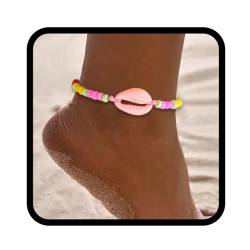 Handcess Boho Fußkettchen Bunte Perlen Fussketten verstellbare Muschel Fußkette Perlen Fußschmuck für Frauen und Mädchen (Rosa) von Handcess