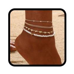 Handcess Boho Fußkettchen Gold Herz Fussketten Perlen Fussketten Fußschmuck für Frauen und Mädchen von Handcess