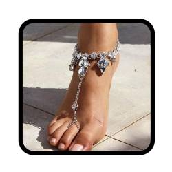 Handcess Boho-Kristall-Fußkettchen mit silberfarbenen Strasssteinen, für Sommer, Strand, Barfuß, Sandale, Fußschmuck für Damen und Mädchen von Handcess
