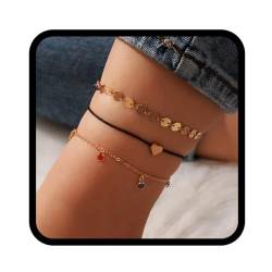 Handcess Boho Multi-Layer Herz Fußkettchen Gold Pailletten Knöchel Armbänder Bunte Perlen Fußketten für Frauen und Mädchen von Handcess