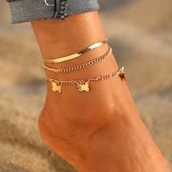 Handcess Boho Schmetterlings-Fußkettchen Layered Gold-Fußkettchen Strand Schlange-Knochen-Fuß-Anhänger für Frauen und Mädchen von Handcess
