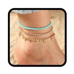 Handcess Boho Star Pailletten Fußkettchen Gold Kristall Knöchel Armbänder Layered Türkis Perlen Fußkette für Frauen und Mädchen von Handcess