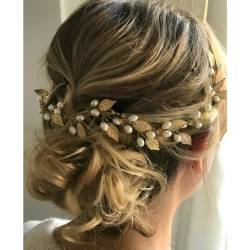 Handcess Braut Hochzeit Haarrebe Gold Perle Kopfschmuck Blätter Braut Haarschmuck für Frauen und Mädchen von Handcess