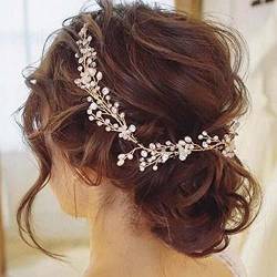 Handcess Braut Hochzeit Kristall Haar Rebe Perle Silber Kopfschmuck Strass Braut Haarschmuck für Frauen und Mädchen (Gold) von Handcess