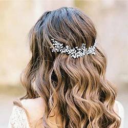 Handcess Braut-Stirnband mit Kristallperlen und silberfarbigen Blättern, Brauthaarschmuck mit Strass, Haarteile für Braut und Brautjungfern von Handcess