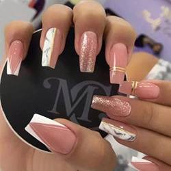 Handcess Coffin French Künstliche Nägel, mittelgroß, Nude, Pink, zum Aufdrücken, Glitzer, künstliche Nägel zum Aufkleben, für Damen und Mädchen, 24 Stück von Handcess