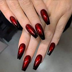 Handcess Coffin Glossy False Nail Lange schwarze und rote Ballerina Drücken Sie auf die Nägel Gradient Acryl Art Full Cover Gefälschte Nägel für Frauen und Mädchen (24Pcs) von Handcess