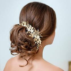 Handcess Kristall-Hochzeits-Stirnbänder, Blume, goldfarbene Perlen, Kopfschmuck, Strass-Blätter, Braut-Haarschmuck für Frauen und Mädchen von Handcess