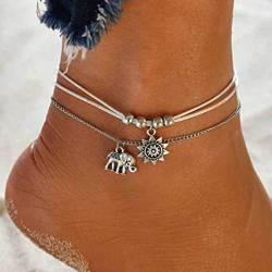 Handcess doppelreihiges Boho-Fußkettchen, Silber, Elefanten Knöchelarmband, geflochtenes Sonnenblumen Fußkettchen, Schmuck für Damen und Mädchen von Handcess