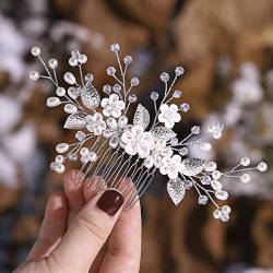 Handsess Braut Hochzeit Blumen Haarkamm Silber Strass Haarteile Blatt Braut Seitenkämme Perle Hochzeit Haarschmuck für Frauen und Mädchen von Handcess