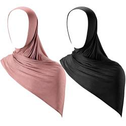 2 Stück Instant Hijab Jersey Hijab für Damen, muslimisches Kopftuch, leicht, lang, weich, Stretch, einfarbig, Schal, Schwarz/Rosa, One size von Handepo