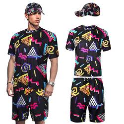 Handepo Herren 2 Stück 80er 90er Jahre Outfit Retro Shirts und Shorts Set mit Baseballkappe Hawaii Sommer Trainingsanzug für Disco Party, Dunkle Farbe, Large von Handepo