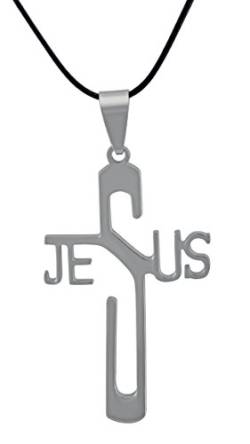Hanessa Herren u. Damen-Schmuck Jesus Kreuz Halskette Edelstahl Kunst-Leder Geschenk zu Weihnachten für den Mann oder die Frau / Freund oder Freundin / Männer oder Frauen von Hanessa
