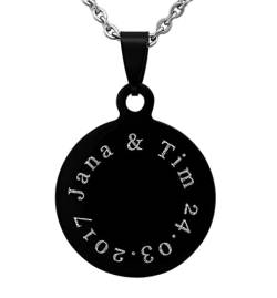 Hanessa Personalisierte Kette mit Gravur Edelstahl 50 cm mit Anhänger rund in schwarz - Personalisierte Halskette für Männer und Frauen - Personalisierter Schmuck Damen Herren von Hanessa